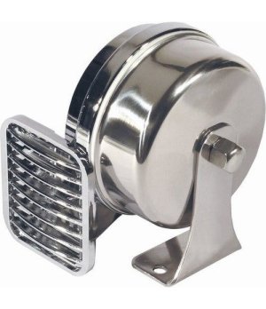 BOCINA ELECTRICA 24VCuerpo de latón cromado pulido. Unidad electromagnética protegida. 24V 3,5A. 490 Hz 114dB 1 mil. 105 x 100 x