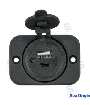 Socket Flush-mount Double USB + Type CSocket Flush-mount Double USB + Type C. Marine spare part by Recmar. Reference: SEA60106B.