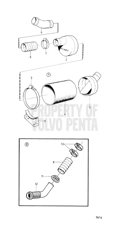 Diagrama de despiece Silenciador refrigerado por agua y tubería de escape Volvo Penta MD2030