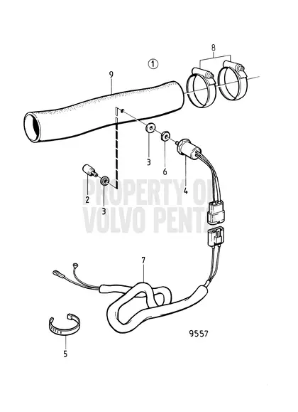 Diagrama de despiece Control del interruptor térmico de escape Volvo Penta MD2030