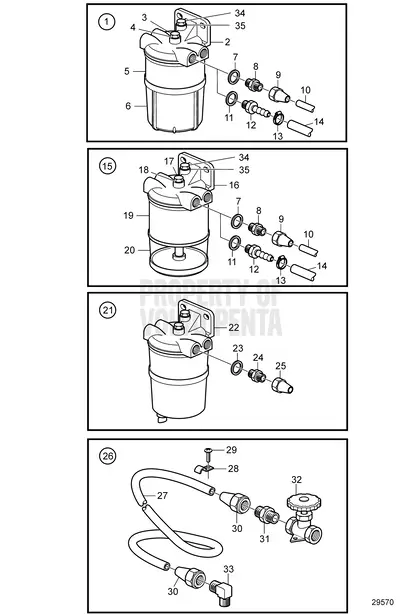 Diagrama de despiece Filtro de combustible y separador de agua Volvo Penta MD2030